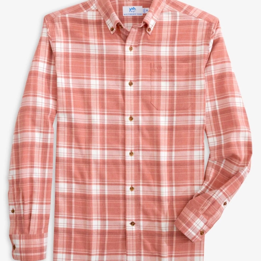 Southern Tide Shirt Flannel M Dusty Coral Plaid Intercoastal Howland NWT